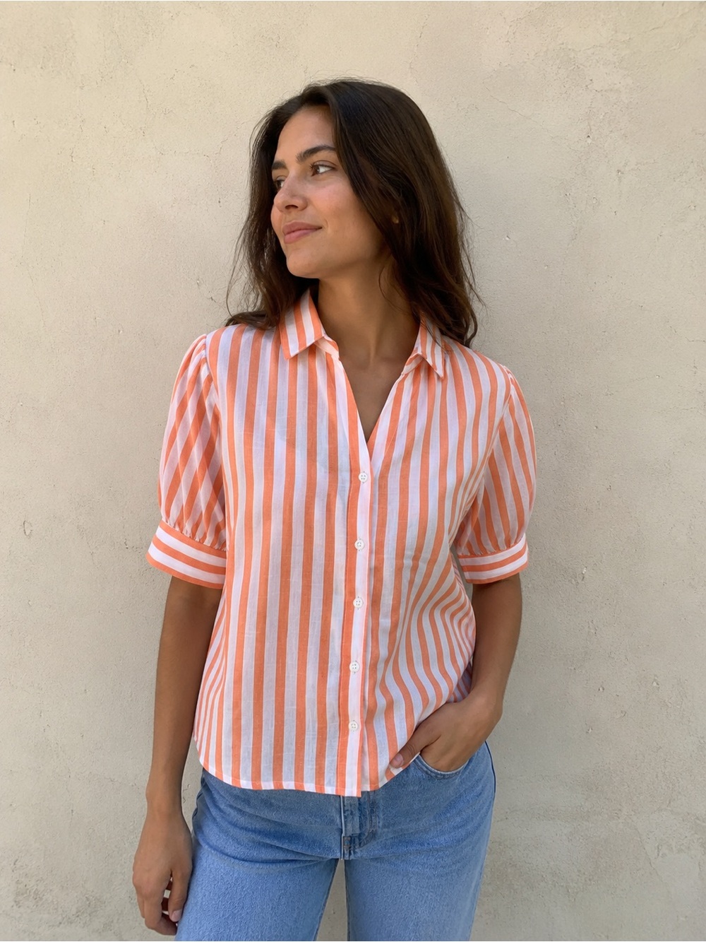 Striped Orange and White Button-Up Shirt